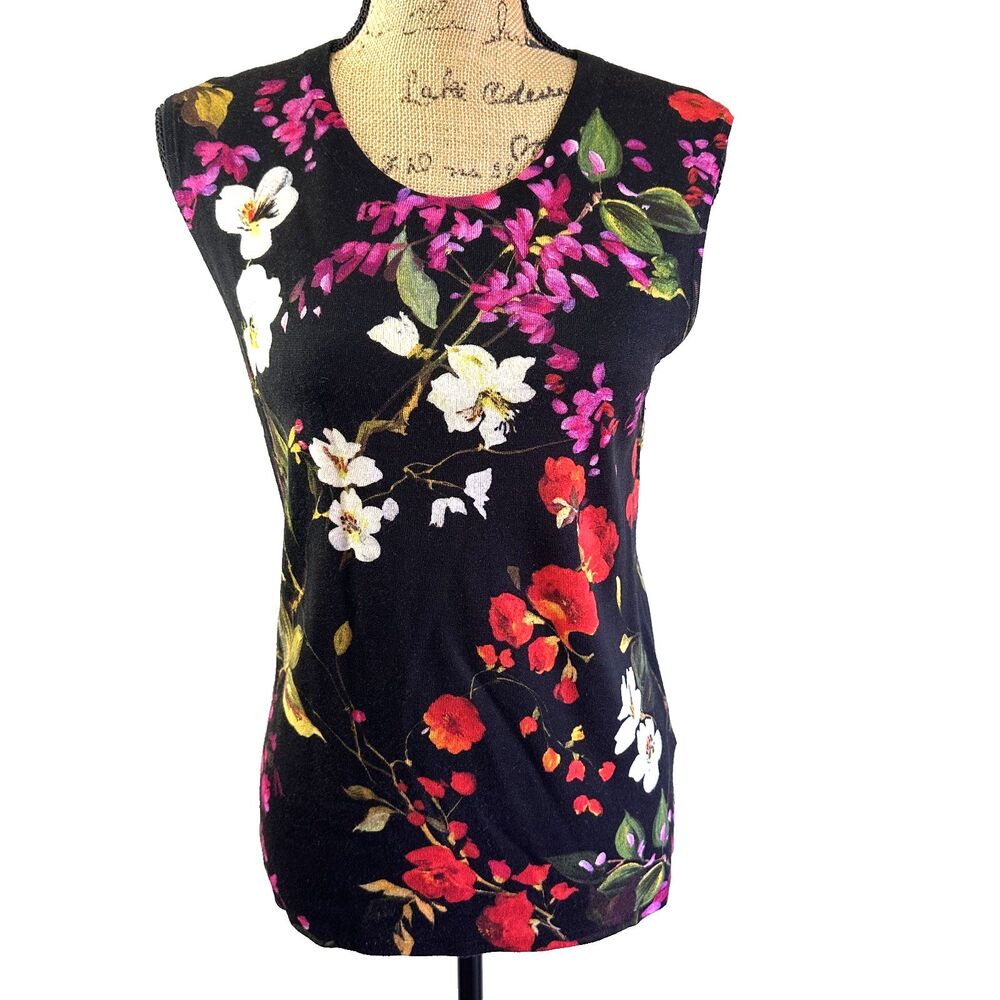 Escada Women's Black Floral Sleeveless Wool Crew Neck Sweater Vest Tank Top Sz M